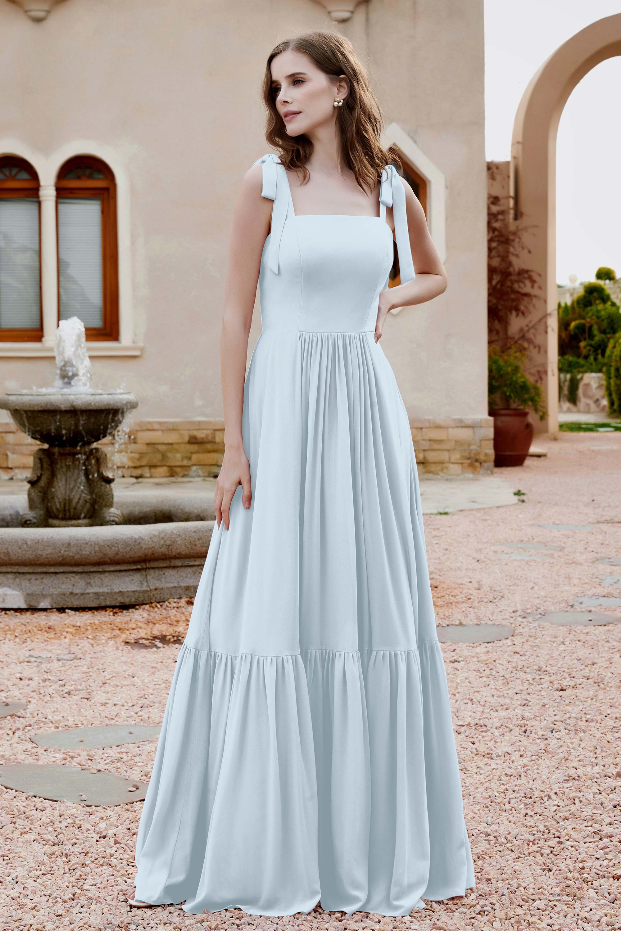Square Sleeveless Chiffon Bridesmaid Dress Ruched Ruffles Formal Evening Dresses with Bow