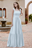 Square Sleeveless Chiffon Bridesmaid Dress Ruched Ruffles Formal Evening Dresses with Bow