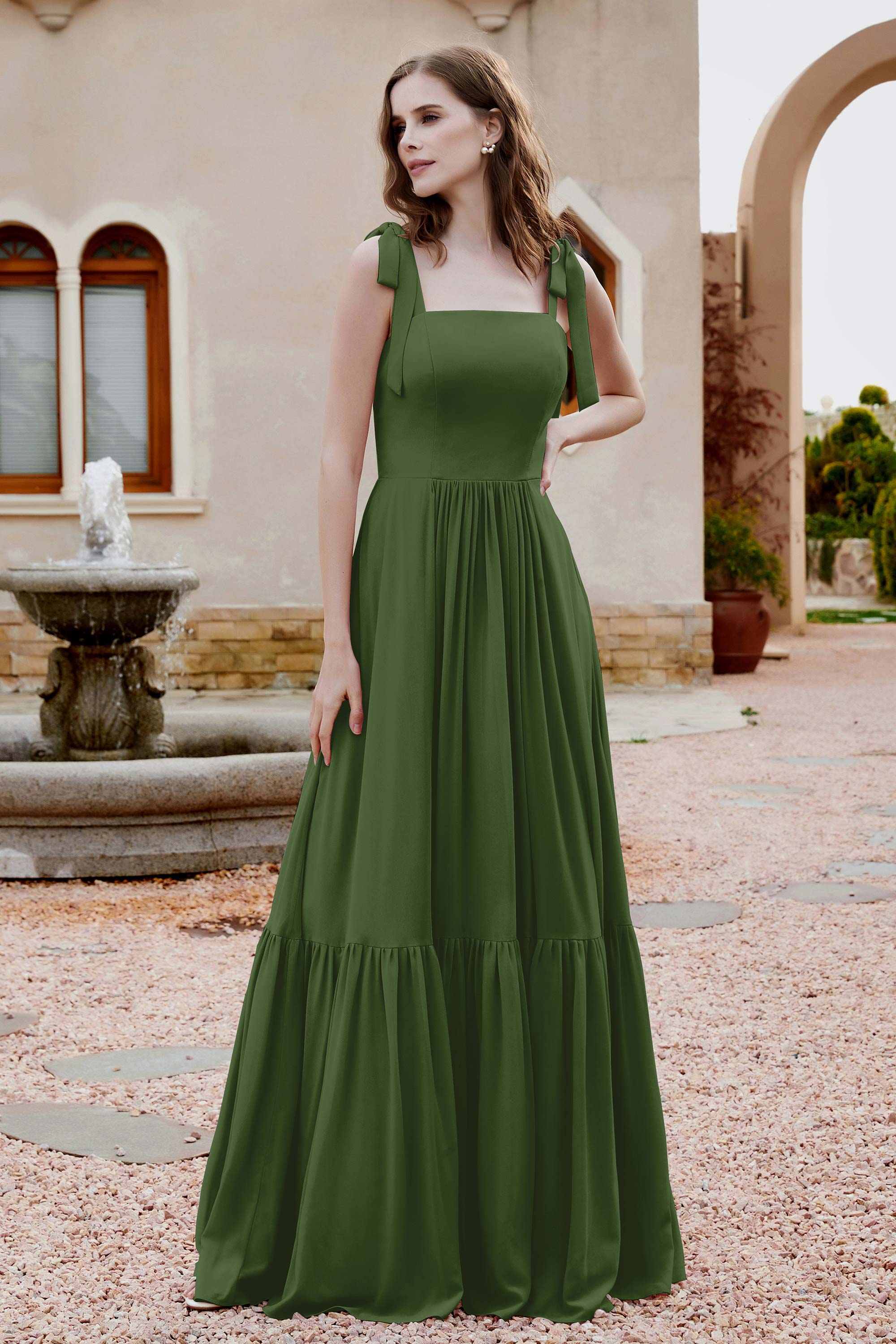 Square Sleeveless Chiffon Bridesmaid Dress Ruched Ruffles Formal Evening Dresses with Bow