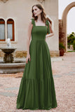 Square Sleeveless Chiffon Bridesmaid Dress Ruched Ruffles Formal Evening Dresses with Bow