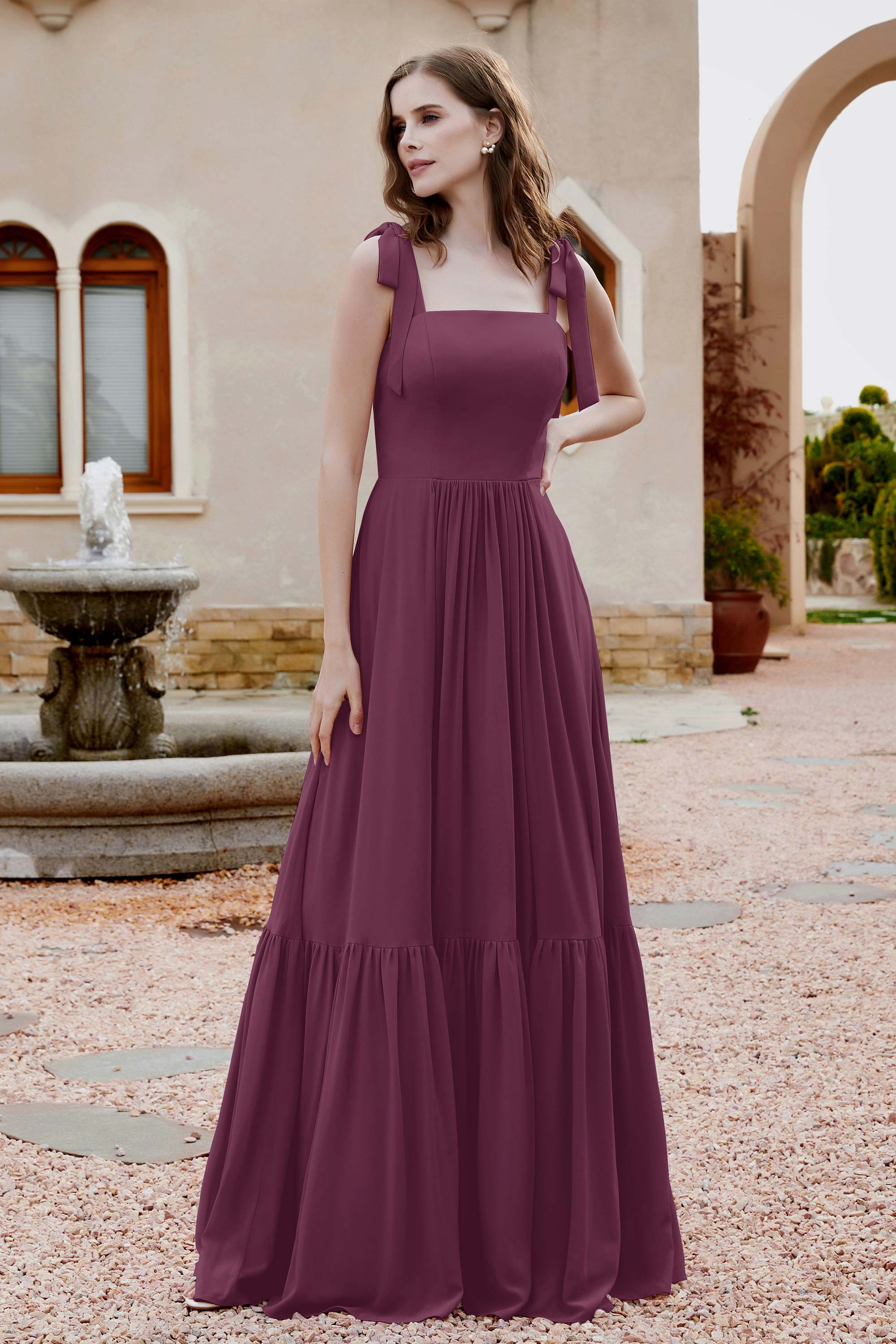 Square Sleeveless Chiffon Bridesmaid Dress Ruched Ruffles Formal Evening Dresses with Bow