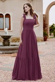 Square Sleeveless Chiffon Bridesmaid Dress Ruched Ruffles Formal Evening Dresses with Bow