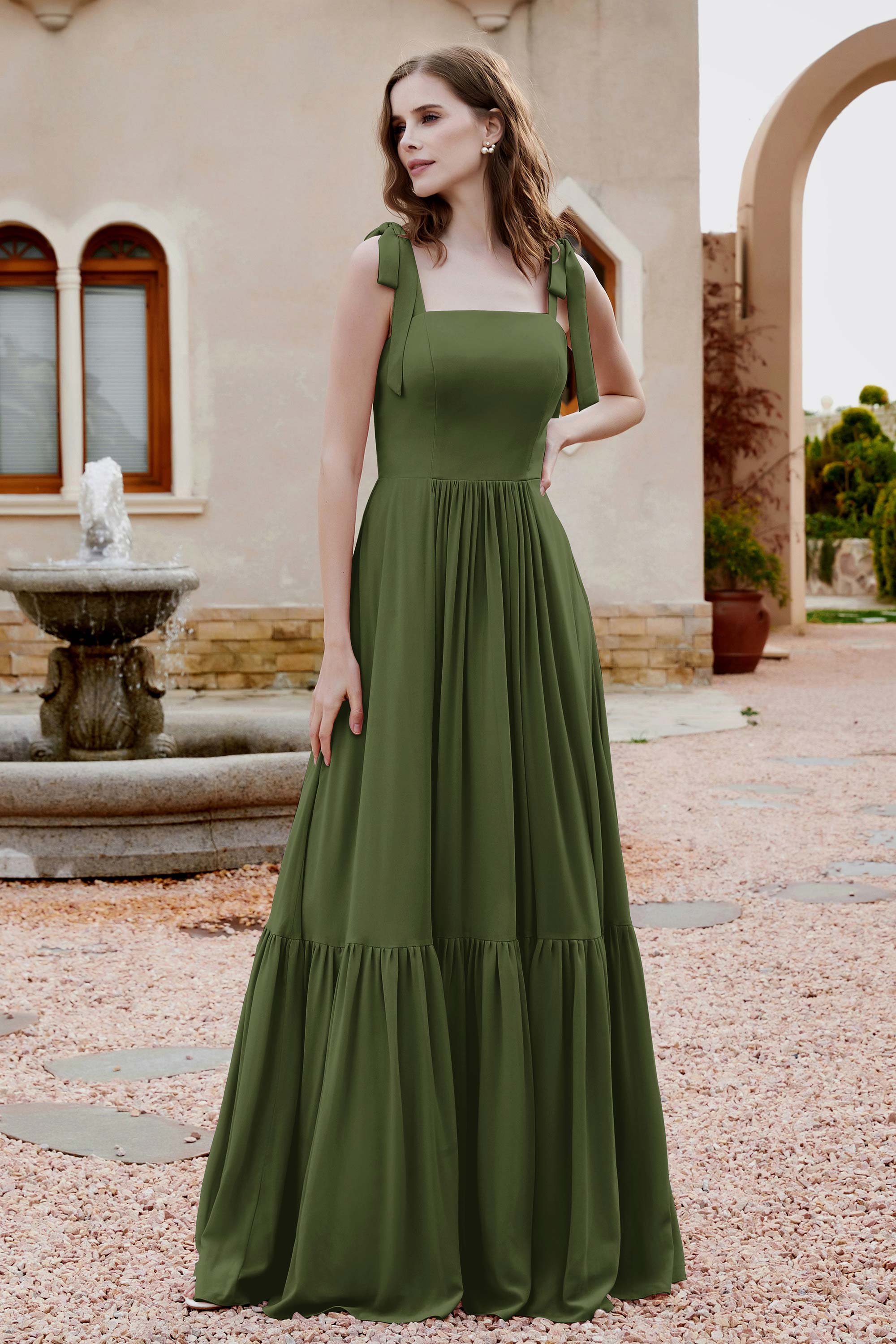 Square Sleeveless Chiffon Bridesmaid Dress Ruched Ruffles Formal Evening Dresses with Bow