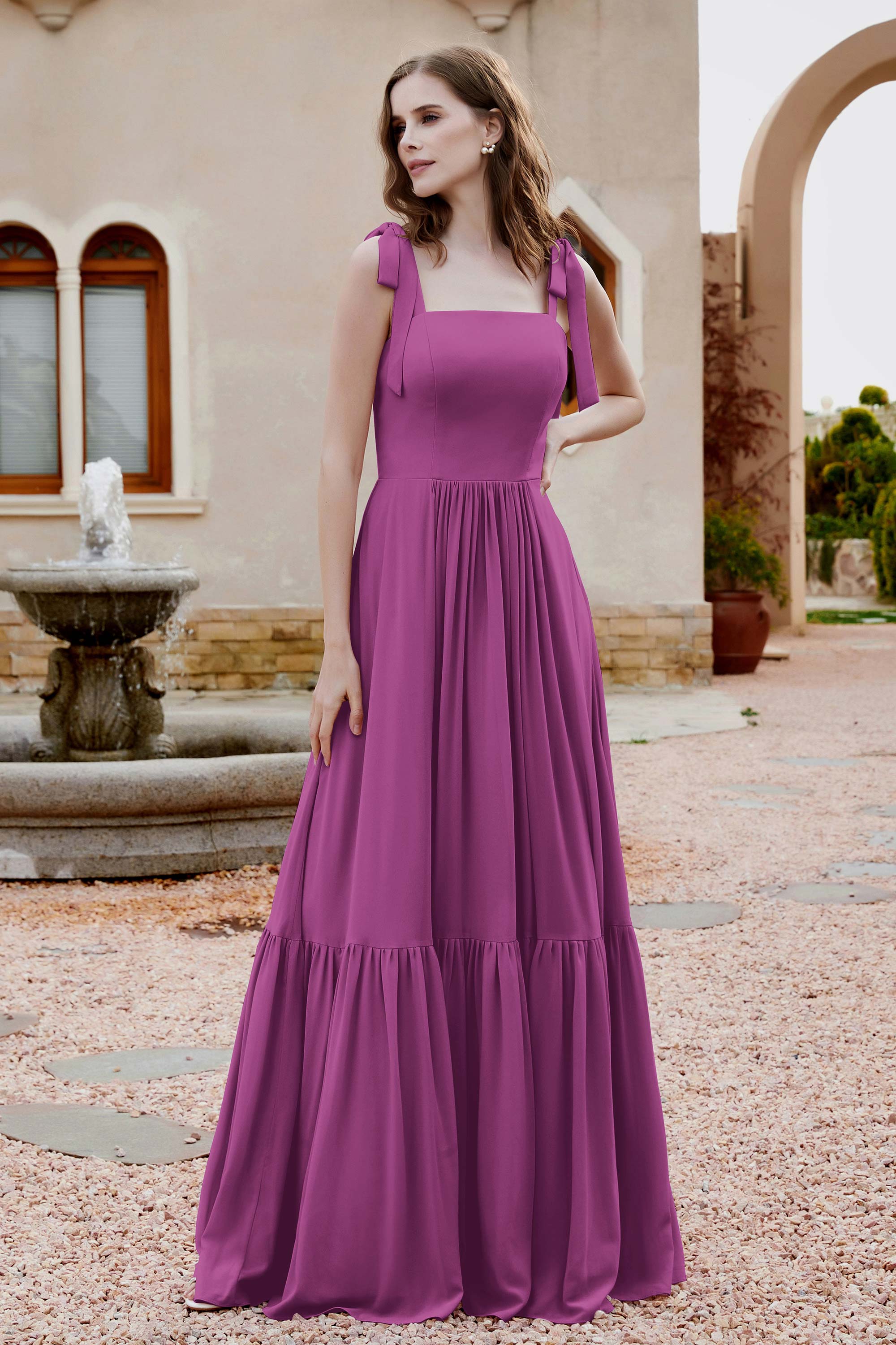 Square Sleeveless Chiffon Bridesmaid Dress Ruched Ruffles Formal Evening Dresses with Bow