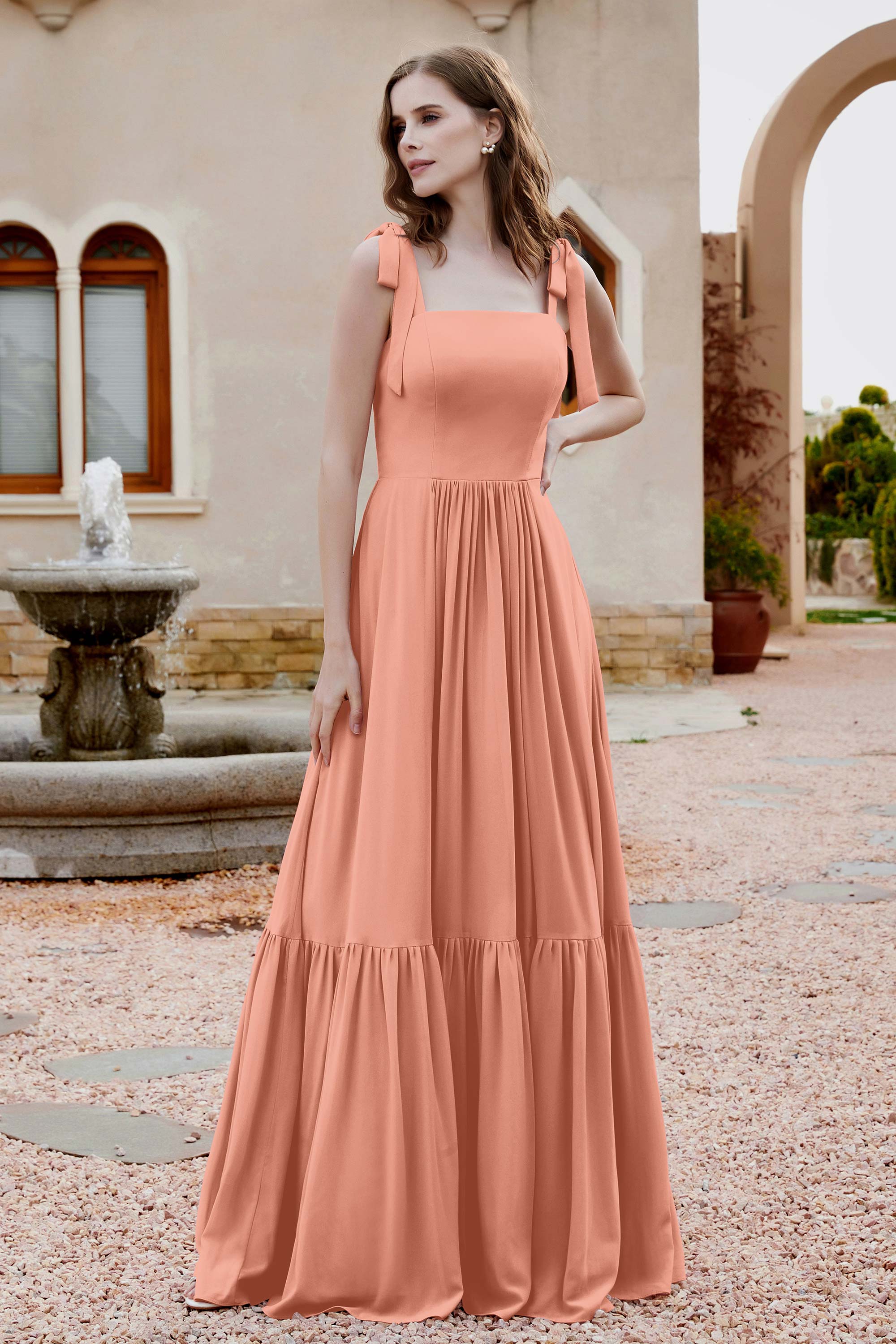 Square Sleeveless Chiffon Bridesmaid Dress Ruched Ruffles Formal Evening Dresses with Bow