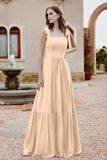 Square Sleeveless Chiffon Bridesmaid Dress Ruched Ruffles Formal Evening Dresses with Bow