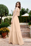 Square Sleeveless Chiffon Bridesmaid Dress Ruched Ruffles Formal Evening Dresses with Bow