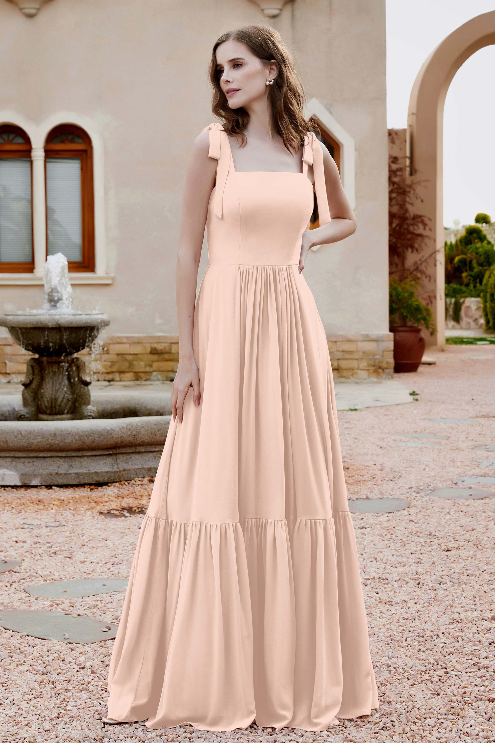Square Sleeveless Chiffon Bridesmaid Dress Ruched Ruffles Formal Evening Dresses with Bow