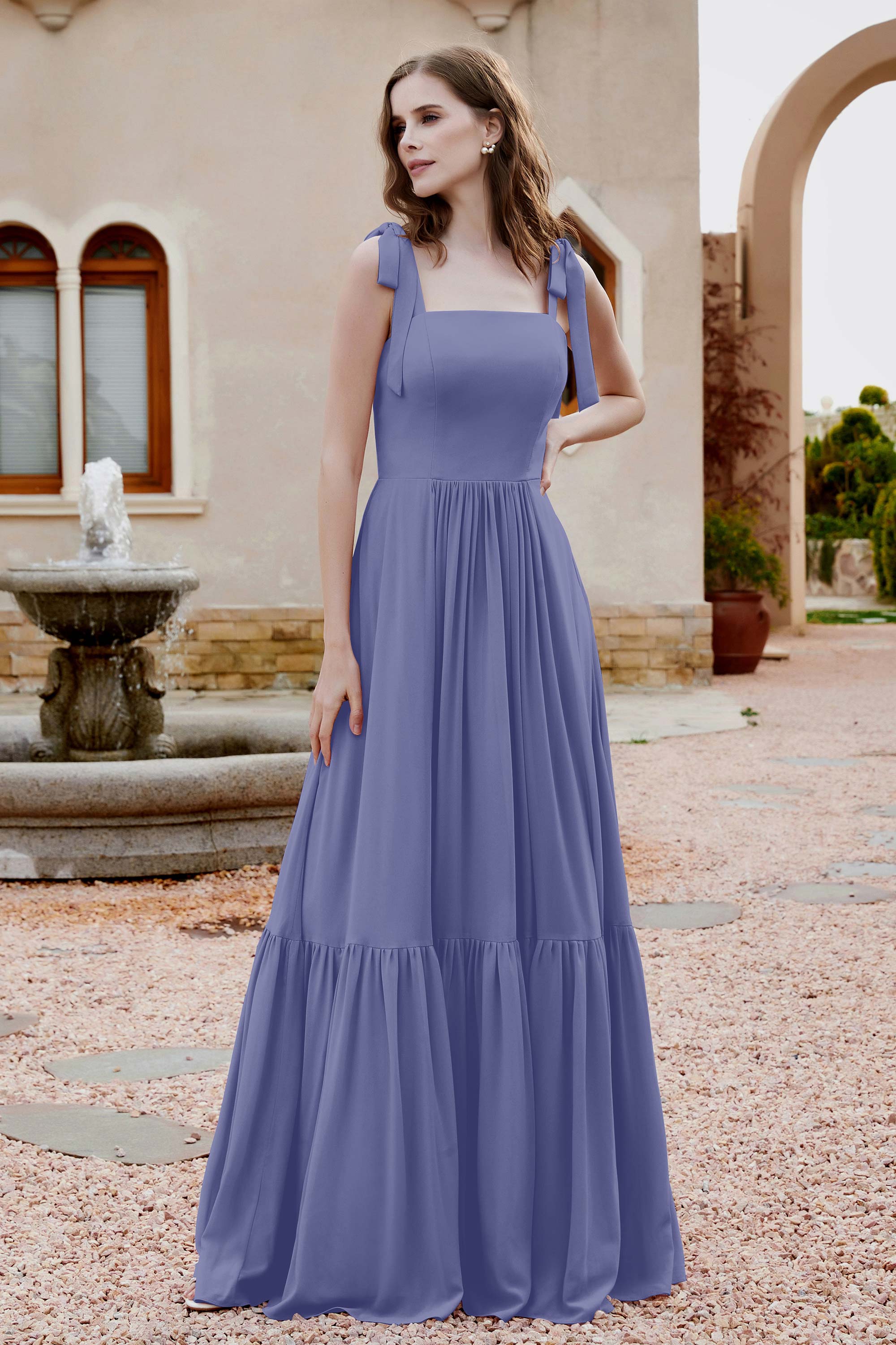 Square Sleeveless Chiffon Bridesmaid Dress Ruched Ruffles Formal Evening Dresses with Bow