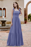 Square Sleeveless Chiffon Bridesmaid Dress Ruched Ruffles Formal Evening Dresses with Bow