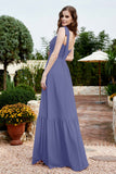 Square Sleeveless Chiffon Bridesmaid Dress Ruched Ruffles Formal Evening Dresses with Bow