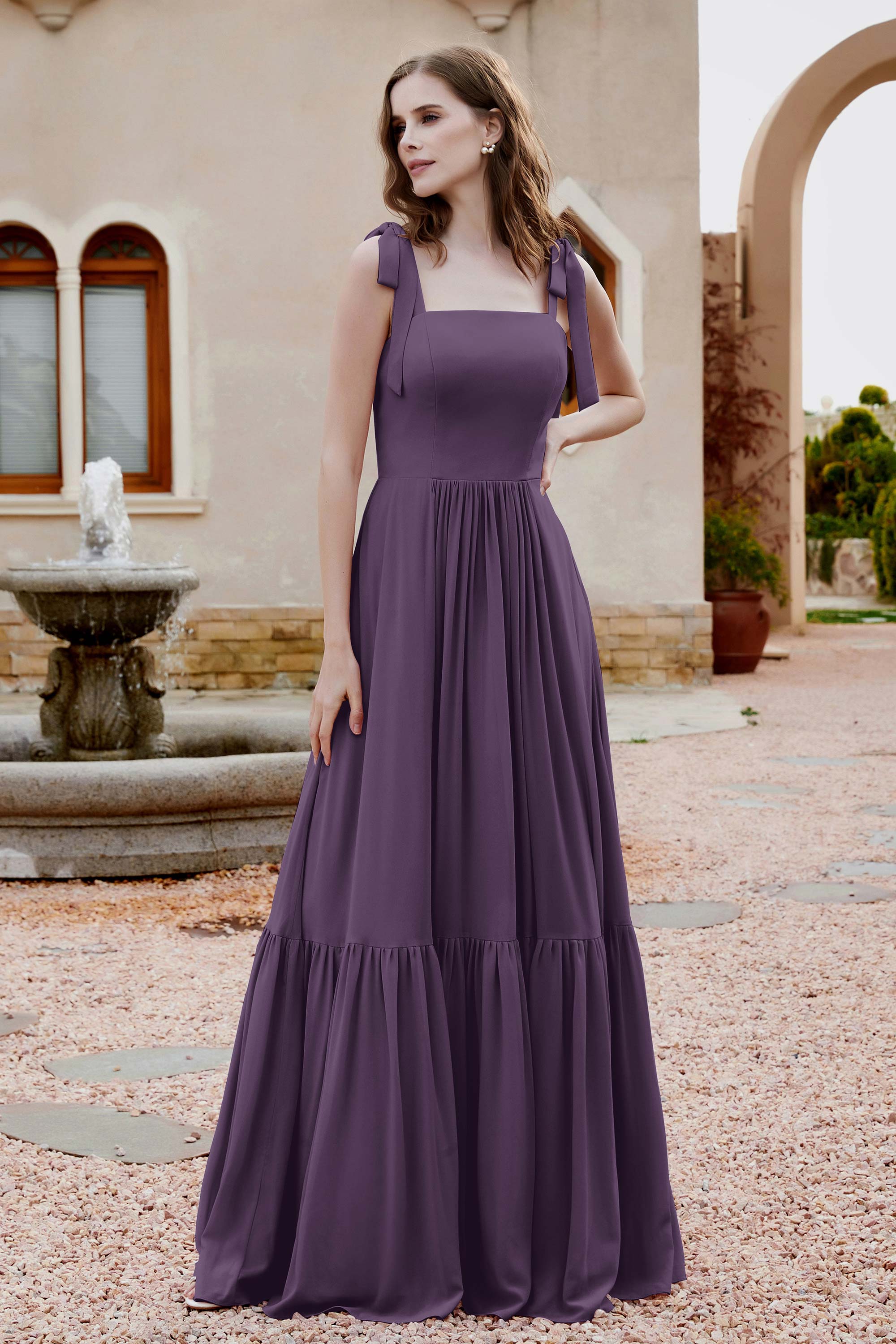 Square Sleeveless Chiffon Bridesmaid Dress Ruched Ruffles Formal Evening Dresses with Bow