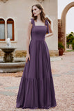 Square Sleeveless Chiffon Bridesmaid Dress Ruched Ruffles Formal Evening Dresses with Bow