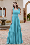 Square Sleeveless Chiffon Bridesmaid Dress Ruched Ruffles Formal Evening Dresses with Bow