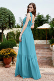 Square Sleeveless Chiffon Bridesmaid Dress Ruched Ruffles Formal Evening Dresses with Bow