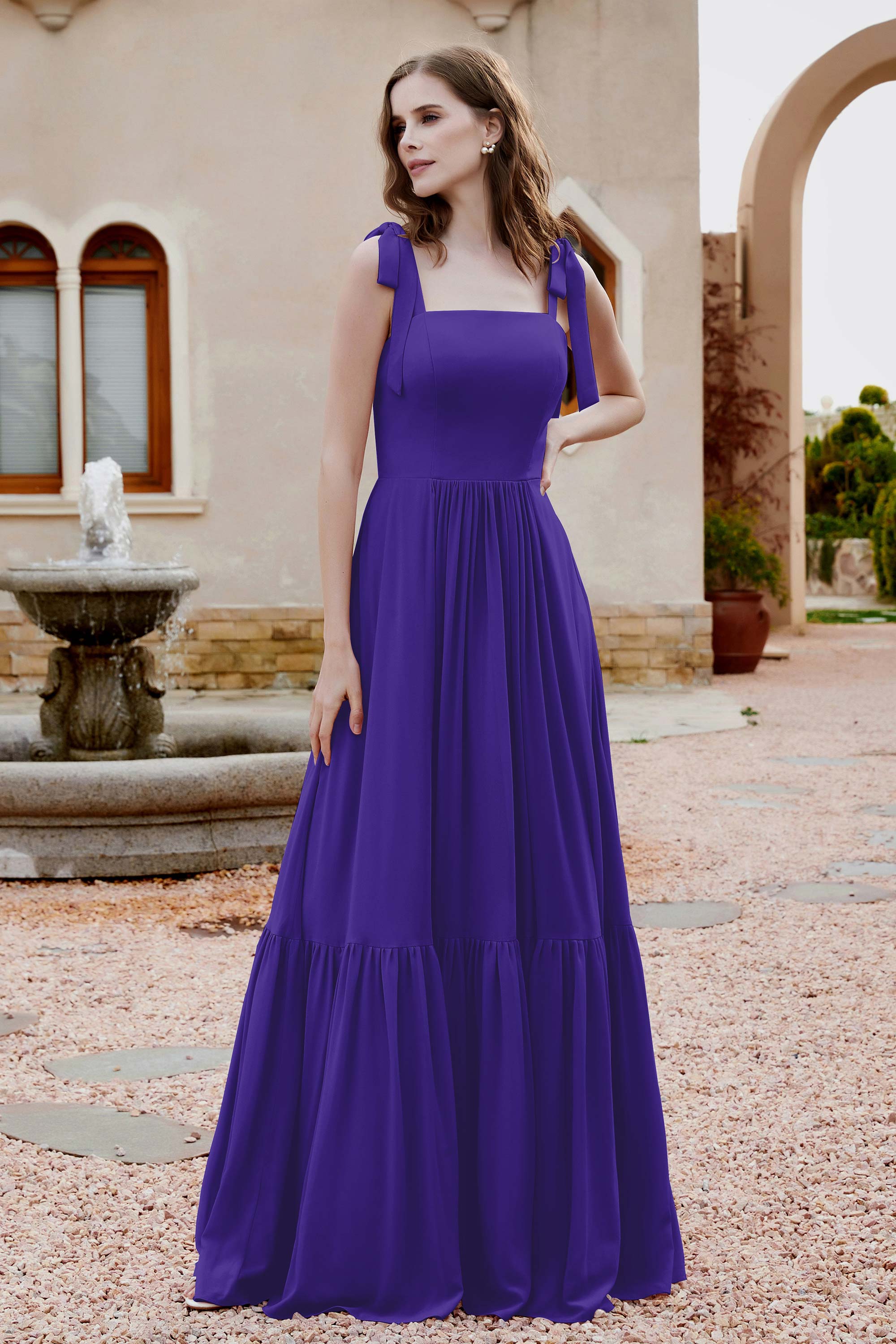 Square Sleeveless Chiffon Bridesmaid Dress Ruched Ruffles Formal Evening Dresses with Bow