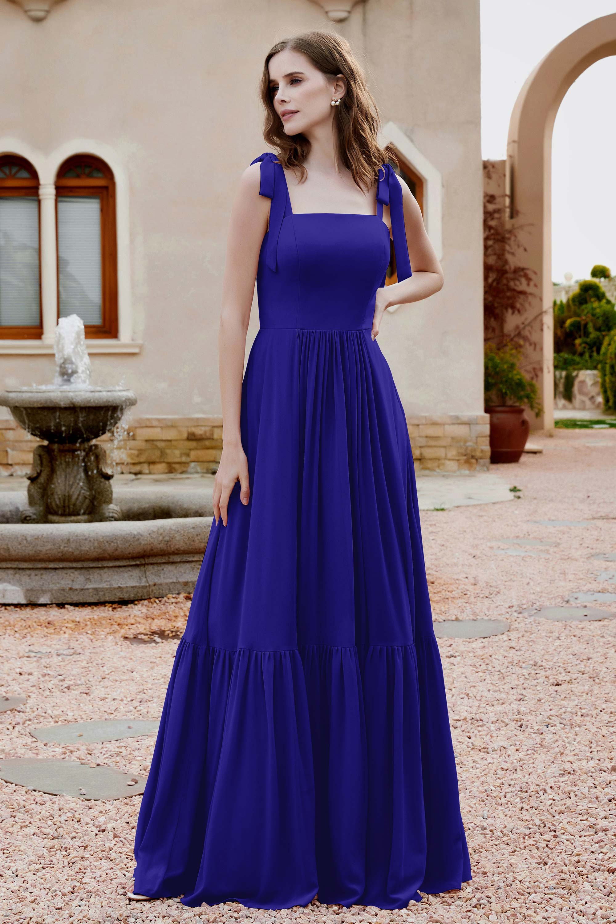 Square Sleeveless Chiffon Bridesmaid Dress Ruched Ruffles Formal Evening Dresses with Bow