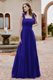 Square Sleeveless Chiffon Bridesmaid Dress Ruched Ruffles Formal Evening Dresses with Bow