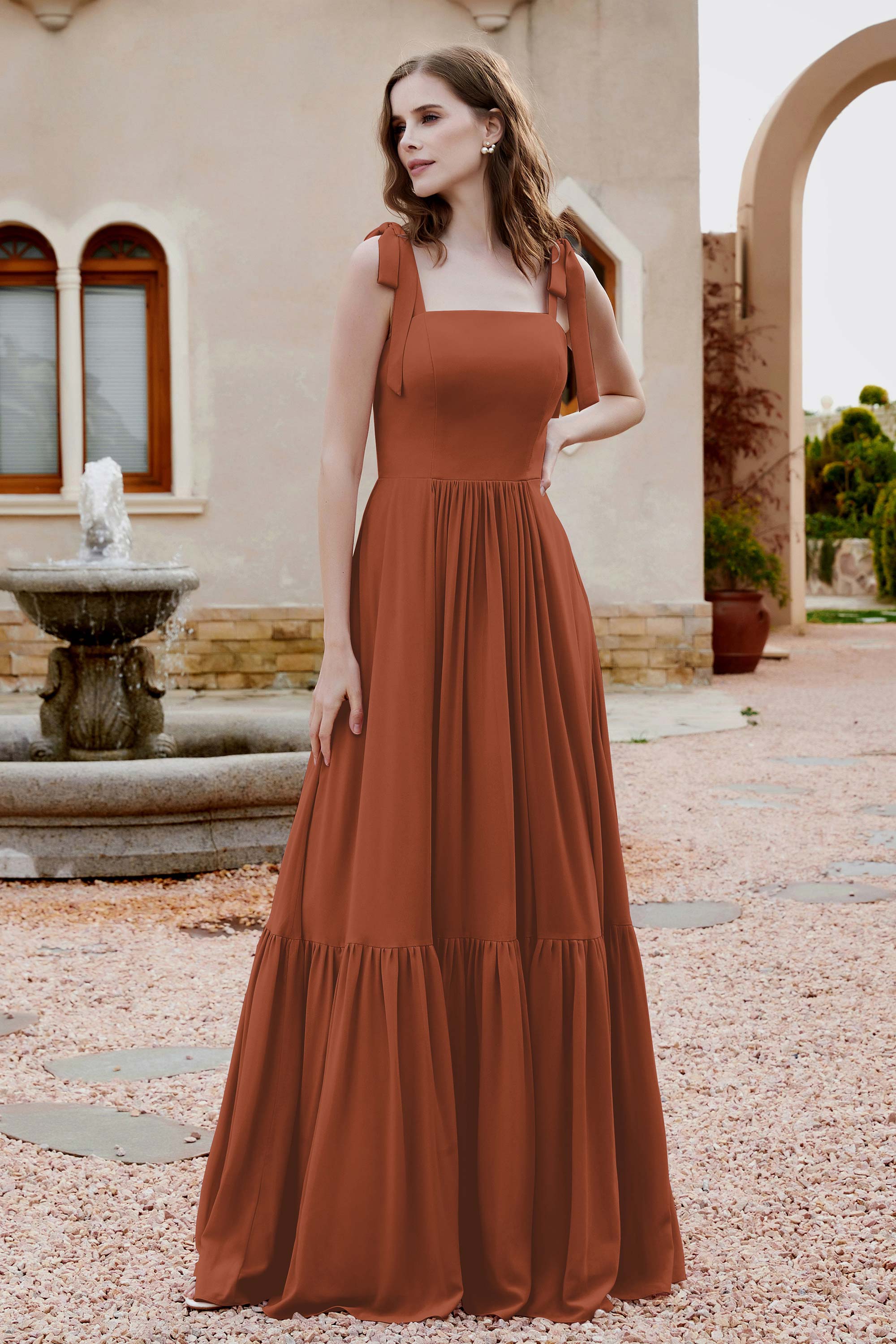 Square Sleeveless Chiffon Bridesmaid Dress Ruched Ruffles Formal Evening Dresses with Bow