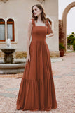 Square Sleeveless Chiffon Bridesmaid Dress Ruched Ruffles Formal Evening Dresses with Bow