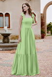 Square Sleeveless Chiffon Bridesmaid Dress Ruched Ruffles Formal Evening Dresses with Bow