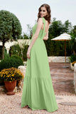 Square Sleeveless Chiffon Bridesmaid Dress Ruched Ruffles Formal Evening Dresses with Bow
