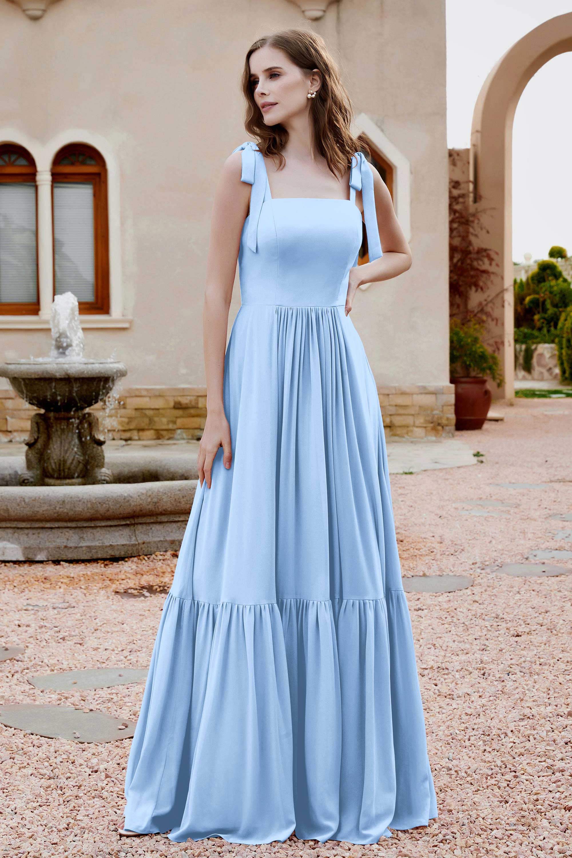 Square Sleeveless Chiffon Bridesmaid Dress Ruched Ruffles Formal Evening Dresses with Bow