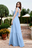 Square Sleeveless Chiffon Bridesmaid Dress Ruched Ruffles Formal Evening Dresses with Bow