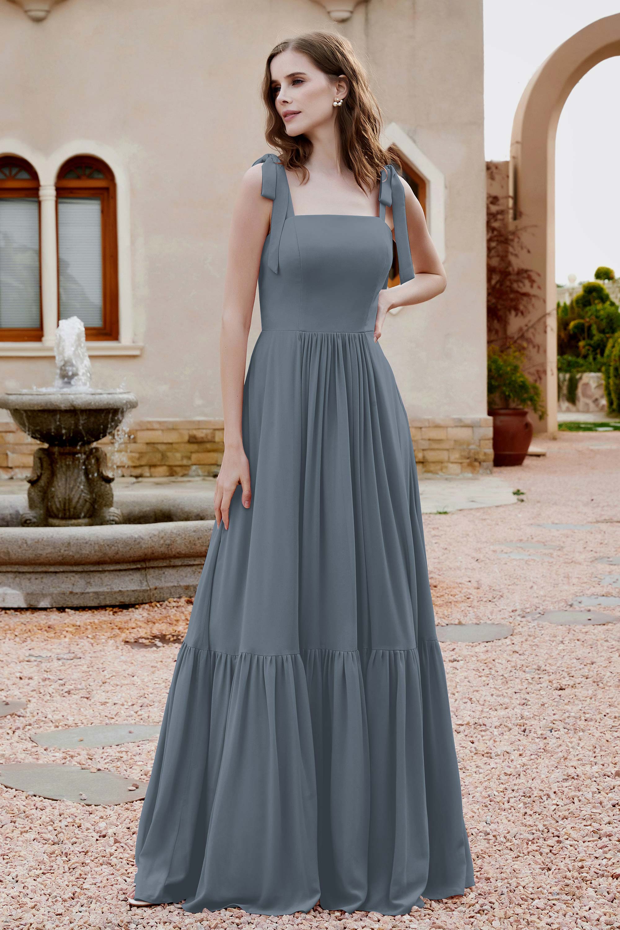 Square Sleeveless Chiffon Bridesmaid Dress Ruched Ruffles Formal Evening Dresses with Bow