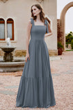 Square Sleeveless Chiffon Bridesmaid Dress Ruched Ruffles Formal Evening Dresses with Bow