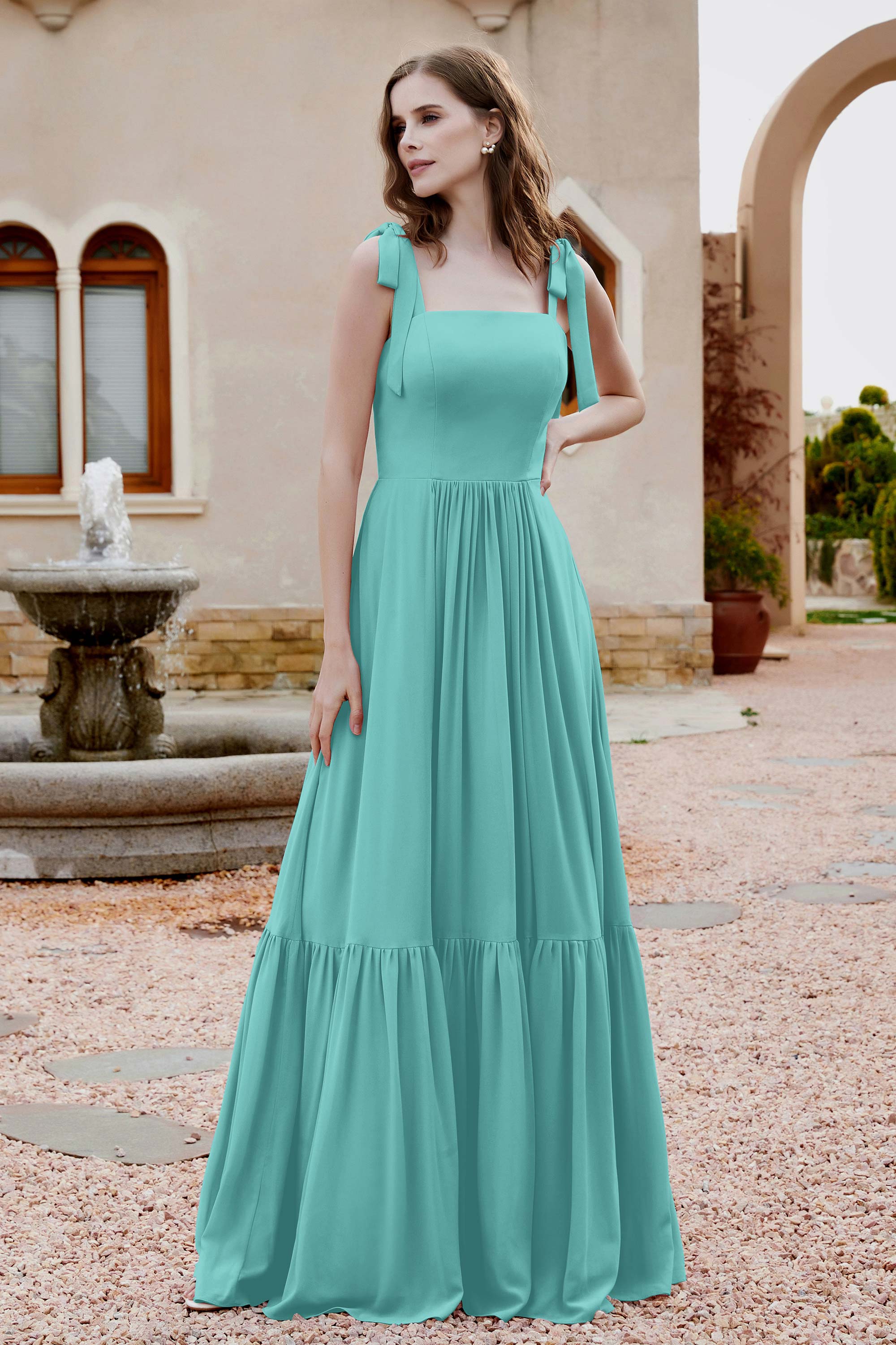 Square Sleeveless Chiffon Bridesmaid Dress Ruched Ruffles Formal Evening Dresses with Bow