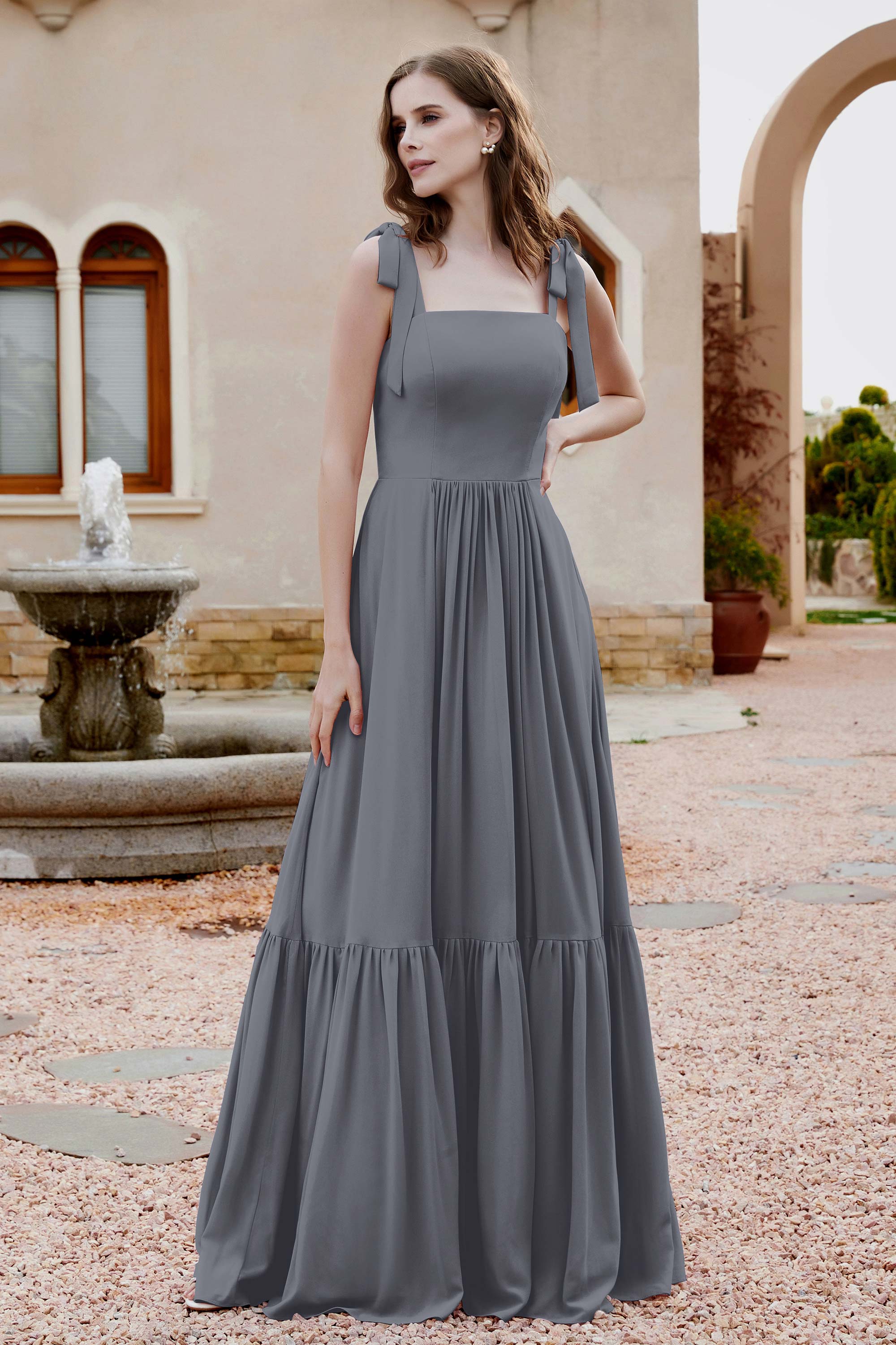 Square Sleeveless Chiffon Bridesmaid Dress Ruched Ruffles Formal Evening Dresses with Bow