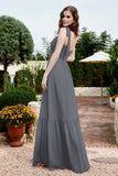 Square Sleeveless Chiffon Bridesmaid Dress Ruched Ruffles Formal Evening Dresses with Bow