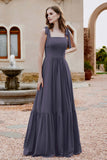 Square Sleeveless Chiffon Bridesmaid Dress Ruched Ruffles Formal Evening Dresses with Bow