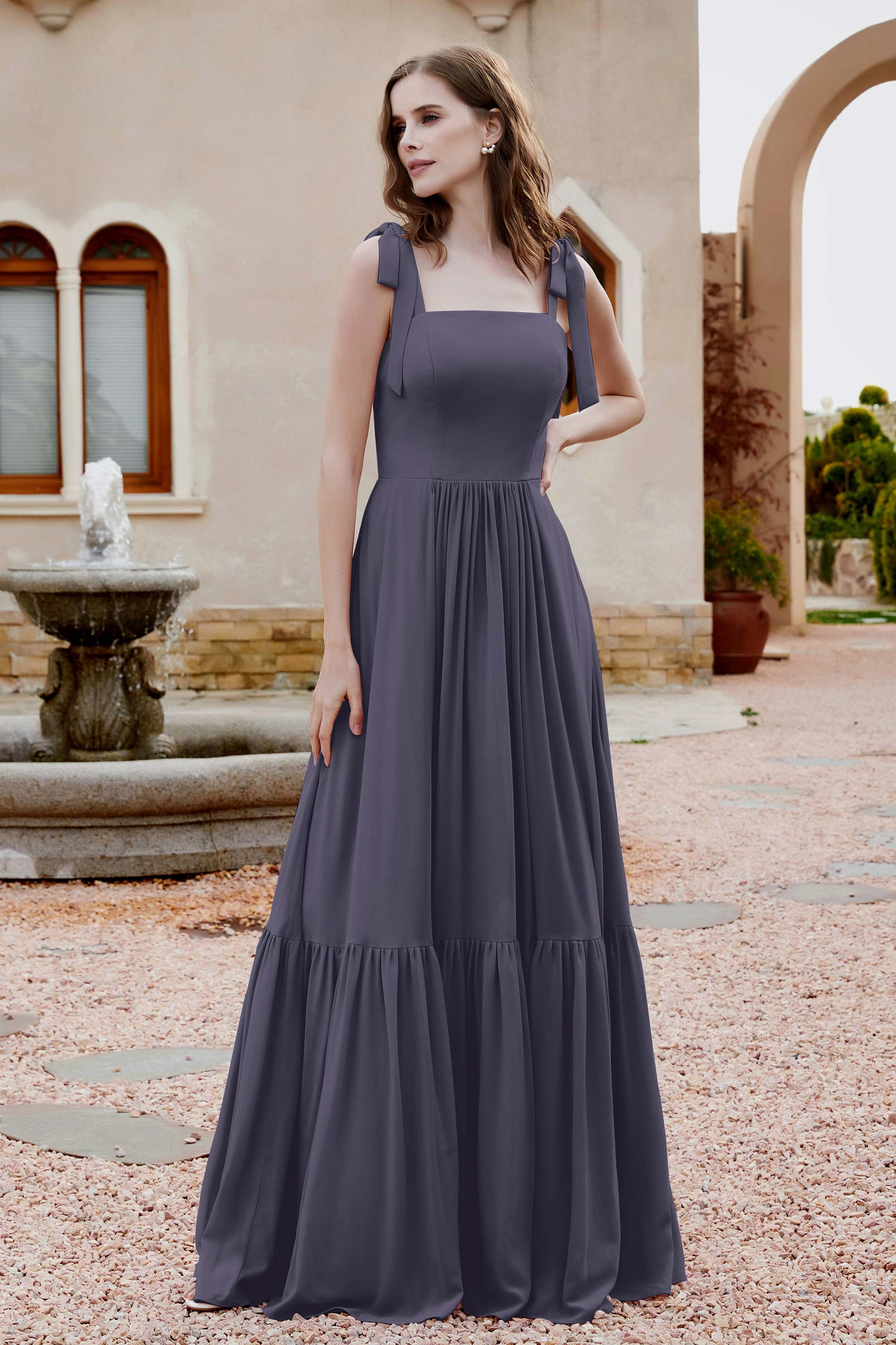 Square Sleeveless Chiffon Bridesmaid Dress Ruched Ruffles Formal Evening Dresses with Bow