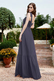 Square Sleeveless Chiffon Bridesmaid Dress Ruched Ruffles Formal Evening Dresses with Bow