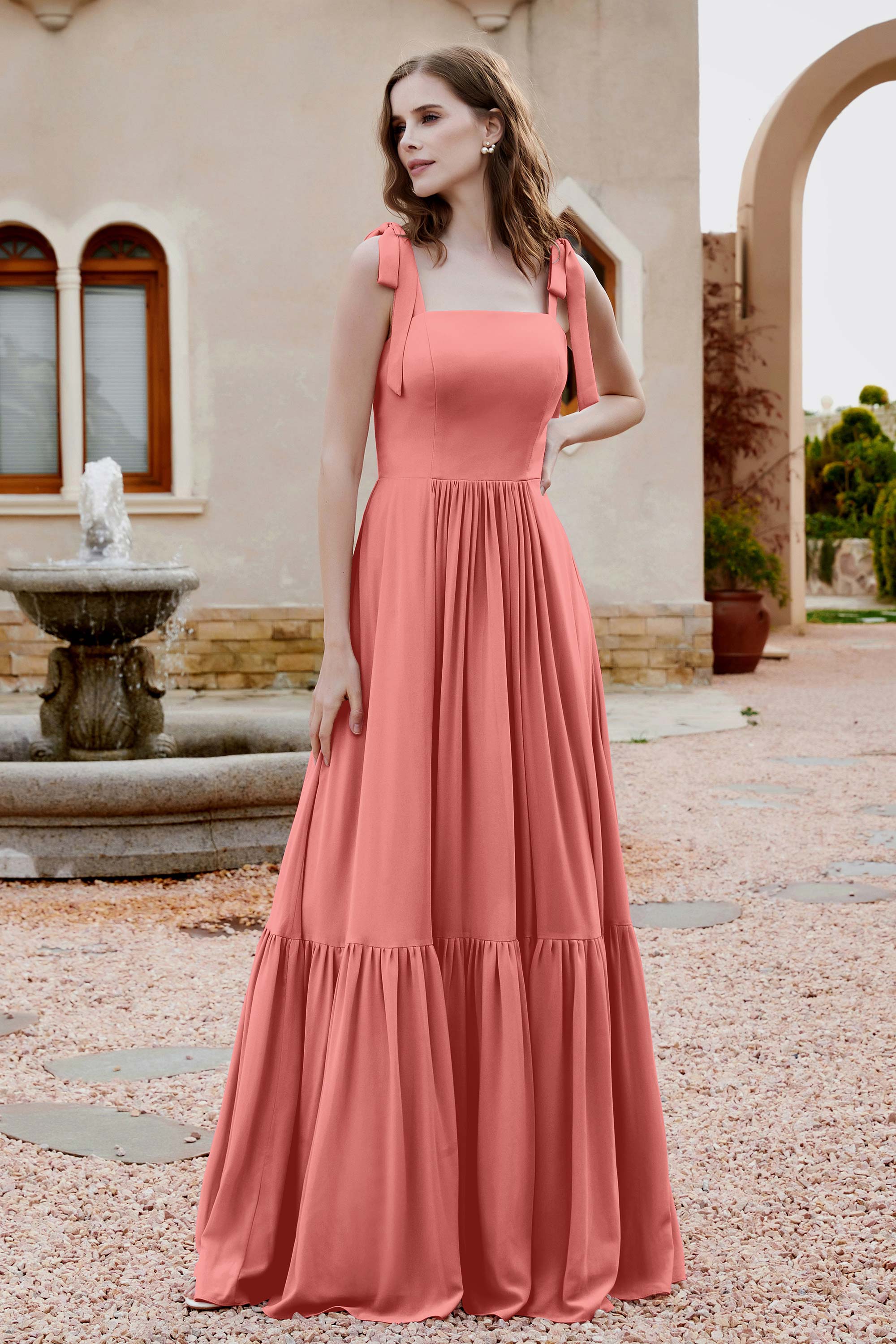 Square Sleeveless Chiffon Bridesmaid Dress Ruched Ruffles Formal Evening Dresses with Bow