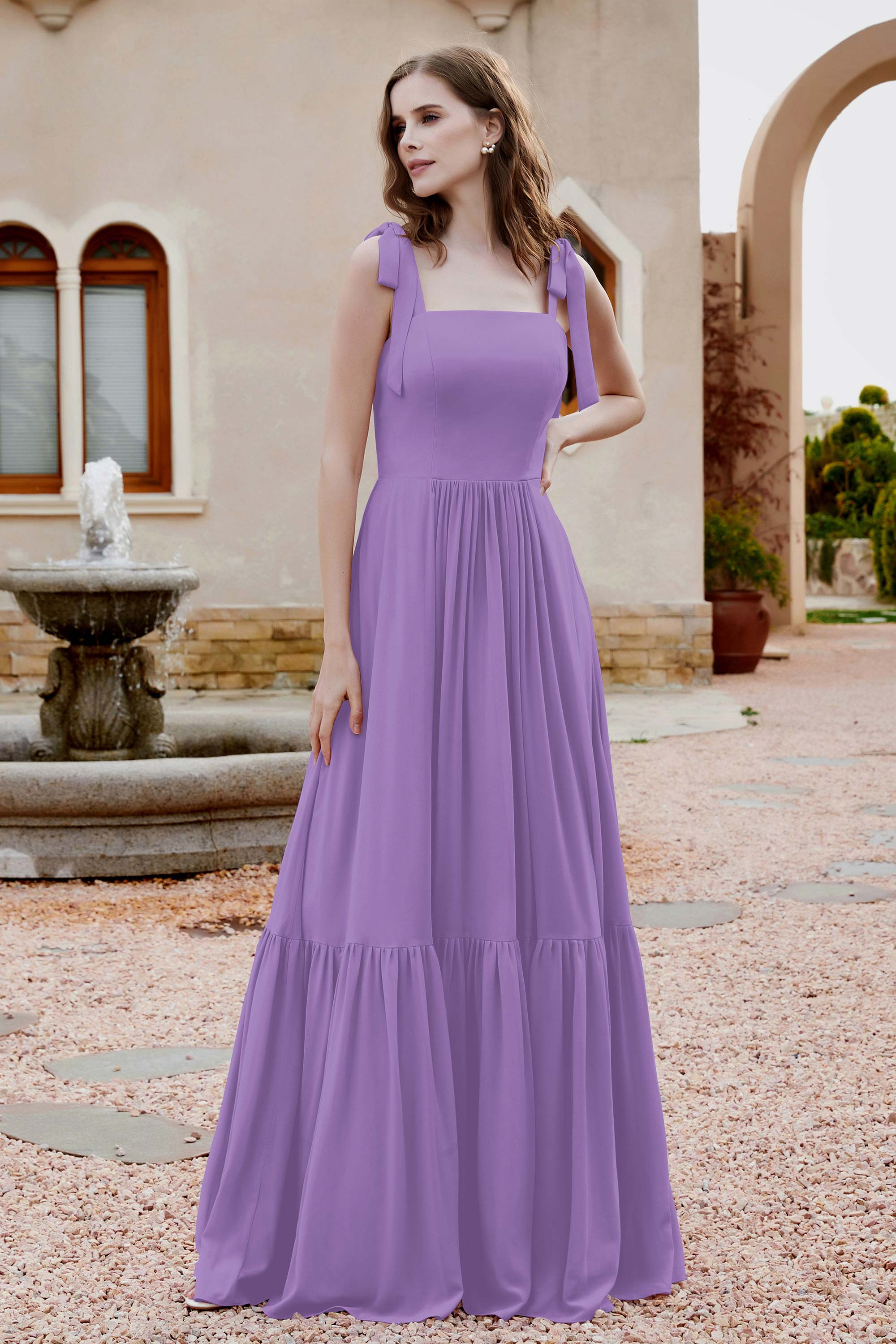 Square Sleeveless Chiffon Bridesmaid Dress Ruched Ruffles Formal Evening Dresses with Bow
