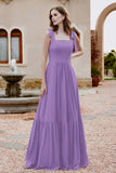 Square Sleeveless Chiffon Bridesmaid Dress Ruched Ruffles Formal Evening Dresses with Bow
