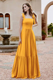 Square Sleeveless Chiffon Bridesmaid Dress Ruched Ruffles Formal Evening Dresses with Bow
