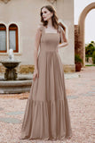 Square Sleeveless Chiffon Bridesmaid Dress Ruched Ruffles Formal Evening Dresses with Bow