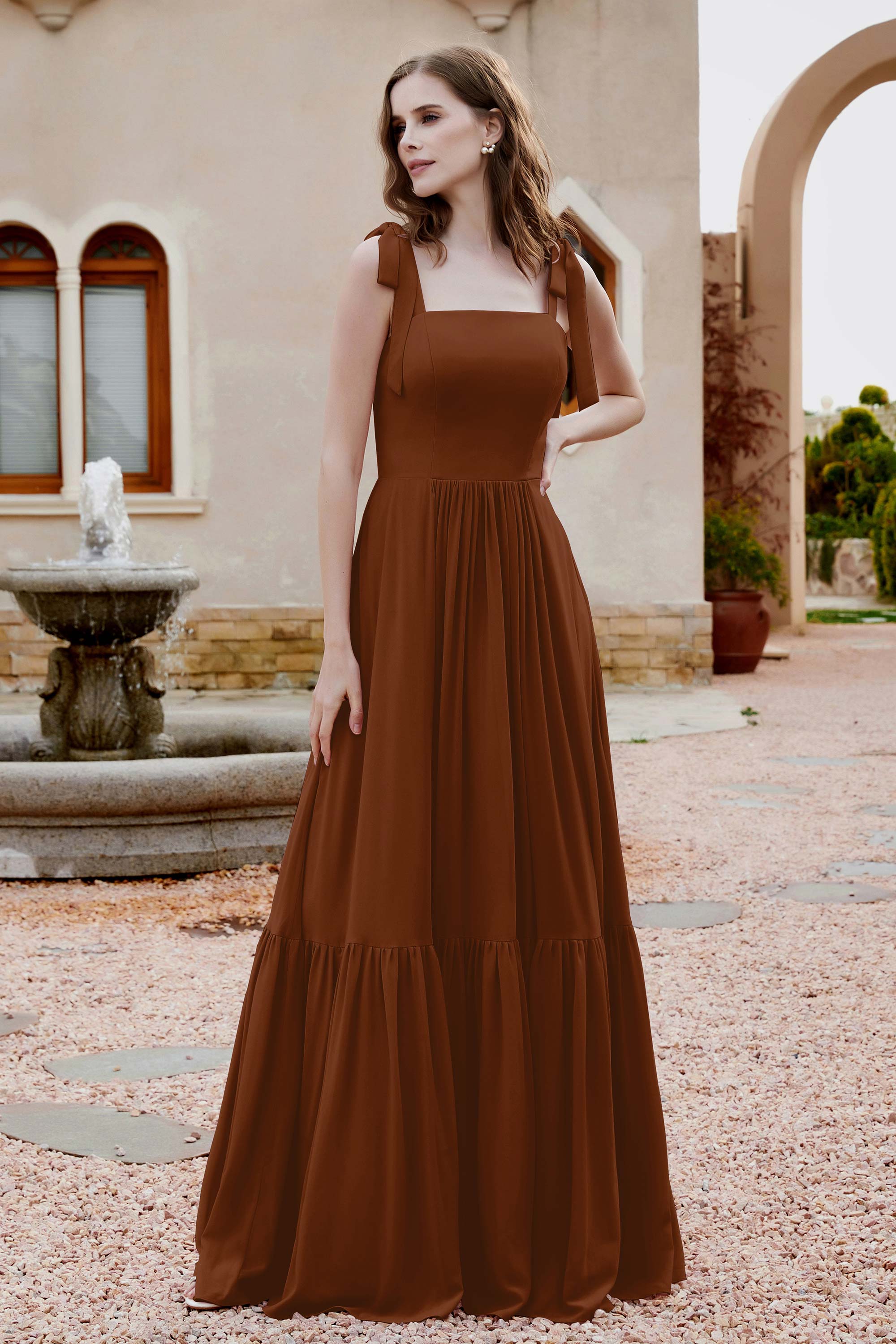 Square Sleeveless Chiffon Bridesmaid Dress Ruched Ruffles Formal Evening Dresses with Bow