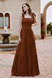 Square Sleeveless Chiffon Bridesmaid Dress Ruched Ruffles Formal Evening Dresses with Bow