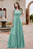 Square Sleeveless Chiffon Bridesmaid Dress Ruched Ruffles Formal Evening Dresses with Bow