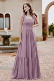 Square Sleeveless Chiffon Bridesmaid Dress Ruched Ruffles Formal Evening Dresses with Bow