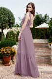 Square Sleeveless Chiffon Bridesmaid Dress Ruched Ruffles Formal Evening Dresses with Bow