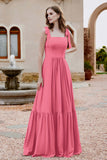 Square Sleeveless Chiffon Bridesmaid Dress Ruched Ruffles Formal Evening Dresses with Bow