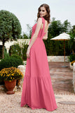 Square Sleeveless Chiffon Bridesmaid Dress Ruched Ruffles Formal Evening Dresses with Bow