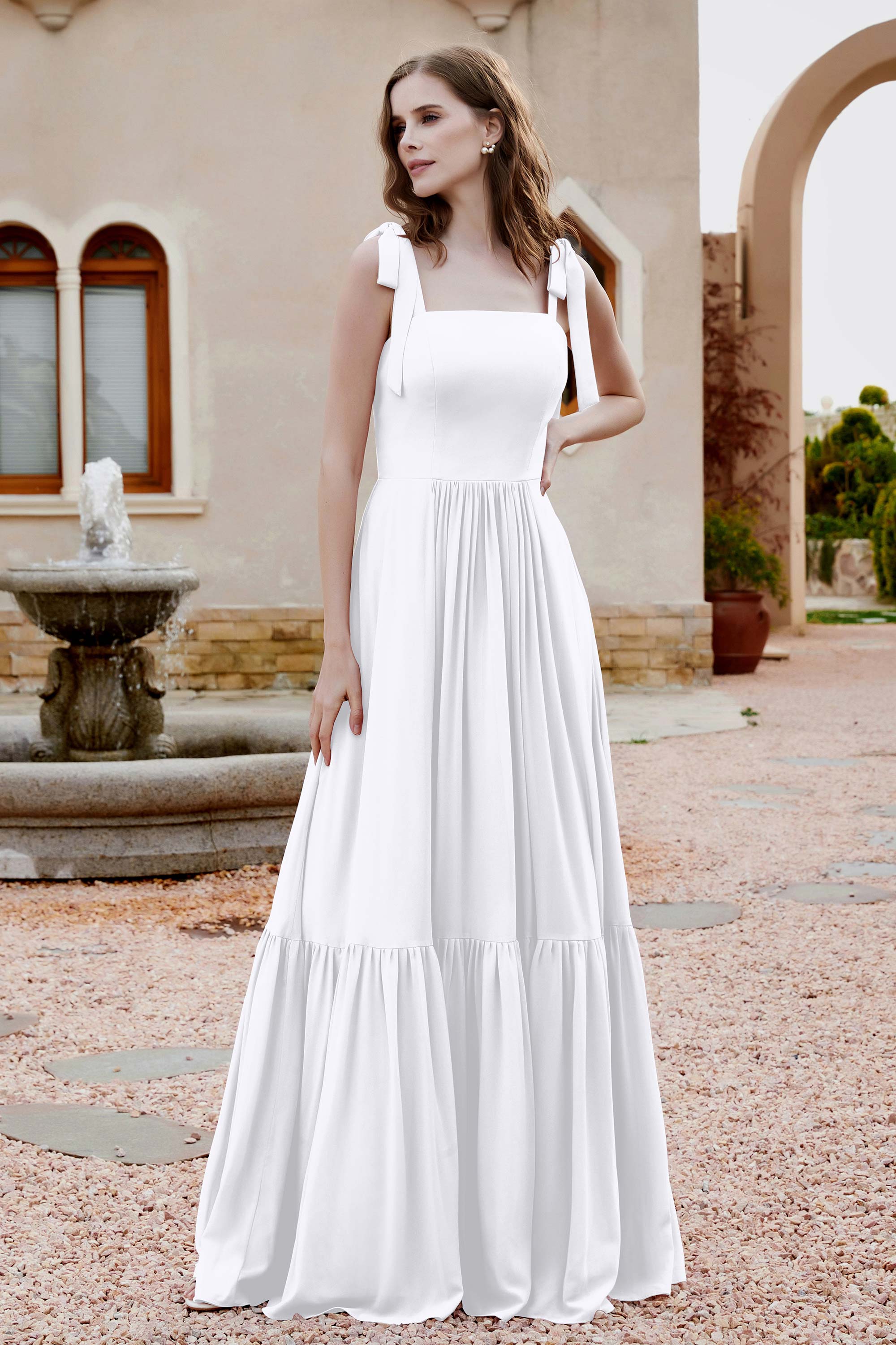 Square Sleeveless Chiffon Bridesmaid Dress Ruched Ruffles Formal Evening Dresses with Bow
