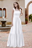 Square Sleeveless Chiffon Bridesmaid Dress Ruched Ruffles Formal Evening Dresses with Bow